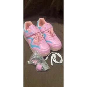 Aimoge Pink and Blue Roller Skates with USB Charging Cable and Wheels